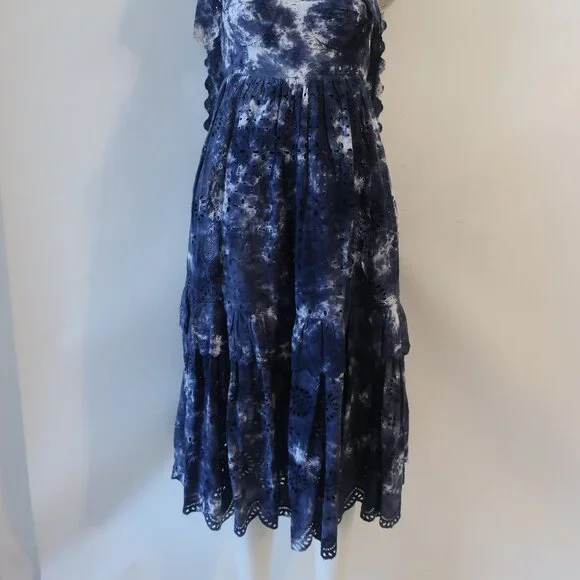 Womens LoveShackFancy Navy Blue White Tie Dye Eyelet Shoulder Ties Midi Dress 0 - Picture 9 of 15